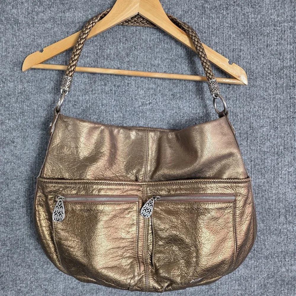 Vintage Brighton Bronze Metallic Leather‎ Hobo Large Bag Braided Strap Shoulder